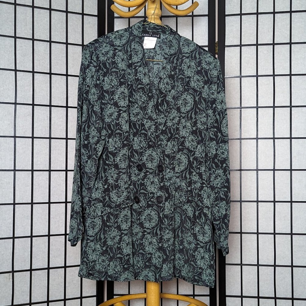 Vintage Carole Little green and black floral pattern lightweight blazer